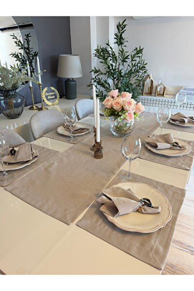 Decamor home Royal Linen Textured Beige American Placemat and Runner Set 6 1