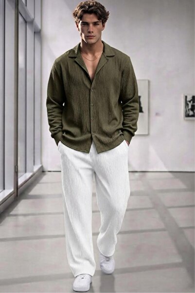 NO 601 Men's Green Wrinkled Shirt White Pantalon Suit