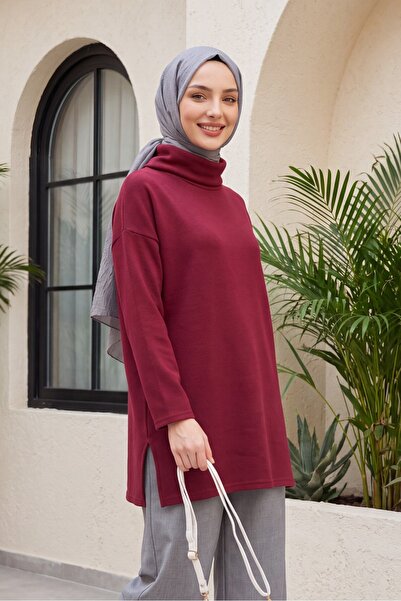 Modamorfo Turtleneck Slit Ribbed Knit Tunic -Burgundy