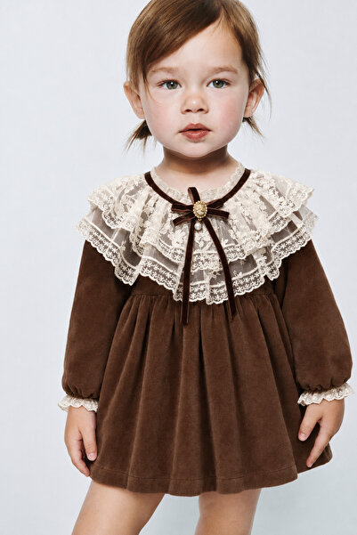 Tifina Kids Baby Girl Dress Velvet Lace Collar Burgundy Brooch Long Sleeve Ho...