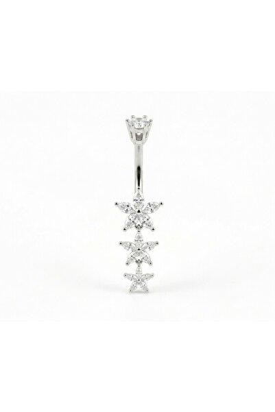 Siya Silver Zirkon Taşlı 3 Sıralı Çiçek Çelik Göbek Piercingi - 4,5 cm