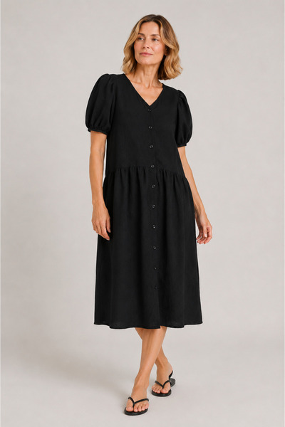 ALEXANDERGARDI Women's Black Buttoned Front Balloon Sleeve Dress (b21-4050)