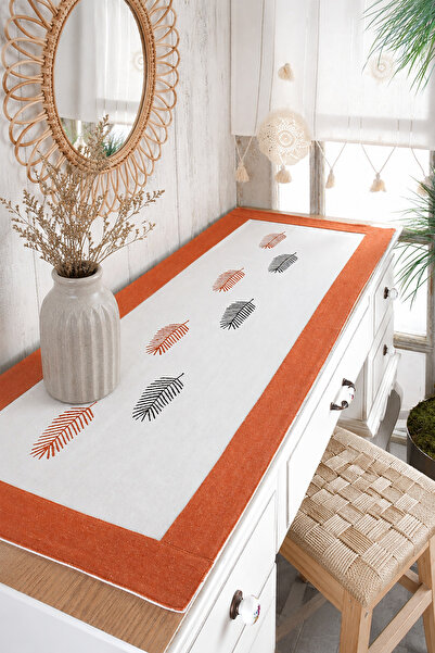 ÖDEL BULDAN Buldan Fabric Bordered Stone Printed Leaf Pattern Runner