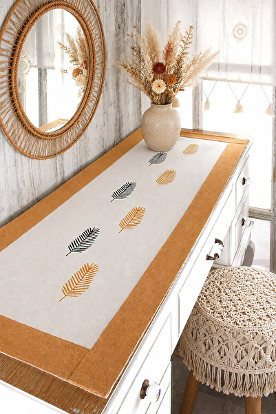 ÖDEL BULDAN Buldan Fabric Bordered Stone Printed Leaf Pattern Runner