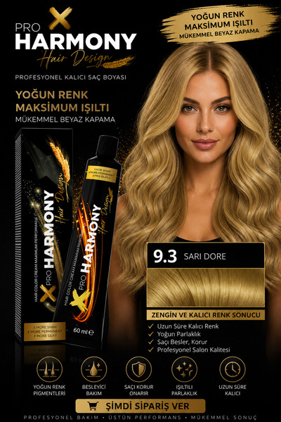 X Pro Harmony Sarı Saç Boyası 9.3 Altın Açık Sarı Dore Kalıcı Tüp Saç Boyası ...