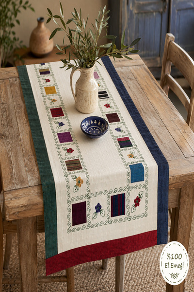 ÖDEL BULDAN Bordürlü Meydaniye Yamalı Ve İşlemeli 50x130 Cm Runner