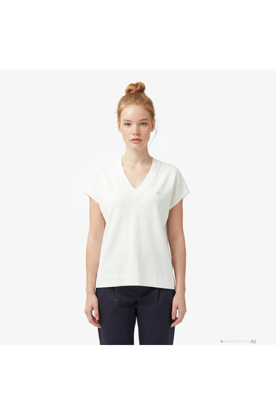 Lacoste Kadın Relaxed Fit Kısa Kollu V Yaka Beyaz Triko
