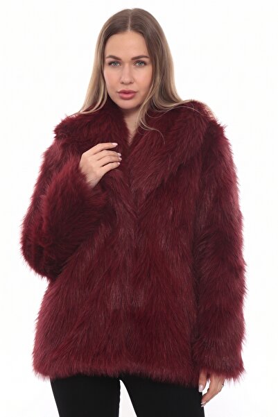 izellas Eclat Moderne Oversize Bordo Suni Kürk Ceket