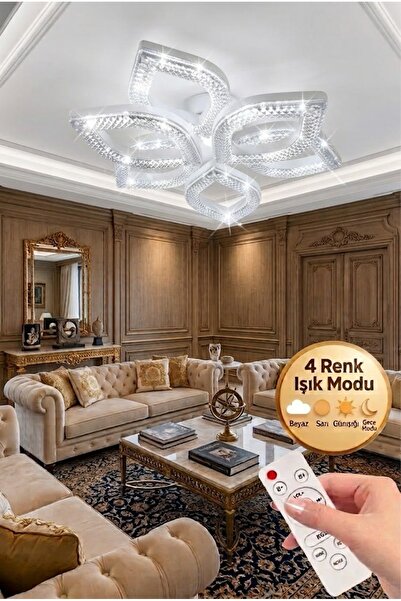 Lüxev Lighting Flora Model Beyaz 6"lı Ledli 3 Renk Modu Kristal Salon Mutfak ...