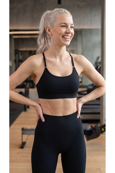Womenmade Women's Black Seamless Push up Gathering Sports Leggings and Cross-Back Bustier Set - Yoga Pilates