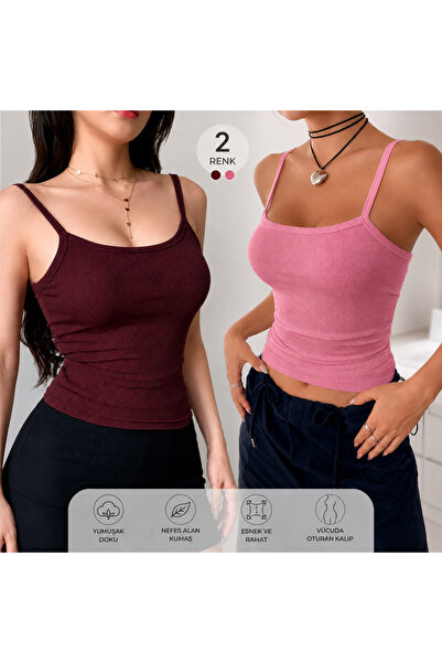LEMAR MODA Kadın Beyaz Bordo - Pembe Ip Askılı Kaşkorse Atlet 2Li Kadın Atlet...