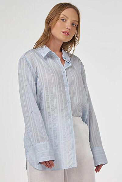 Kayra Tunica Lyocell cu model de dungi Ice Blue