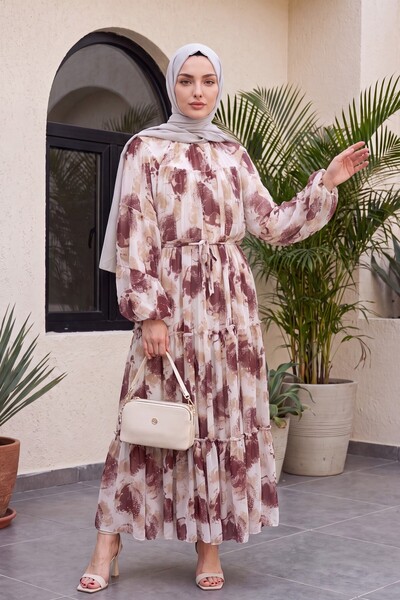 Modamorfo Patterned Lace-Up Lined Segmented Chiffon Dress - Plum