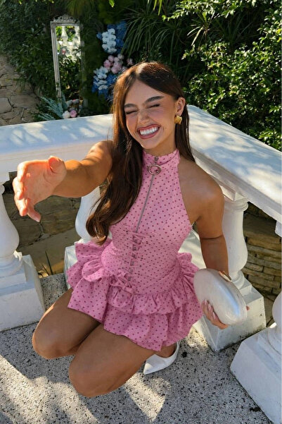 Eka Women's Pink Polka Dot Special Design Flounced Mini Dress 5443