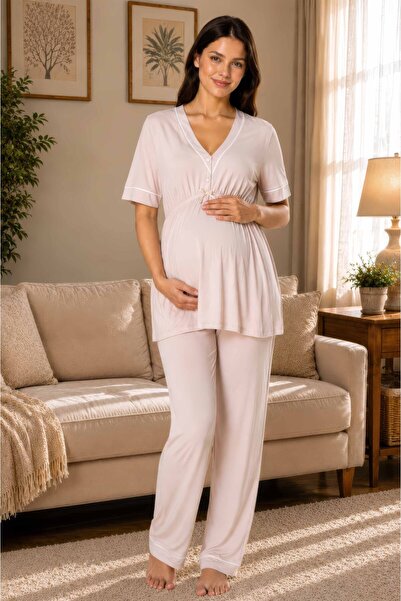 ByLohusa Comfortable Fit Short Sleeve Maternity Pajama Set Effortt - Beige