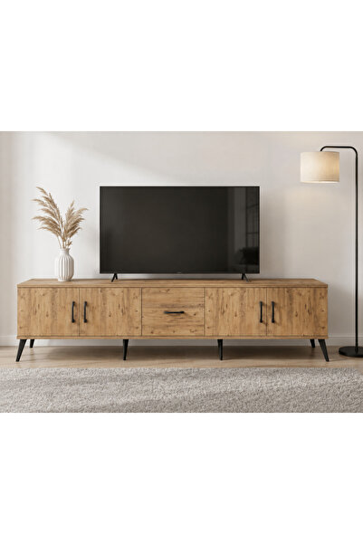 Dienni Arges TV Ünitesi Dekoratif Raflı Çekmeceli TV Sehpası 220x30x51 Çam-Çam