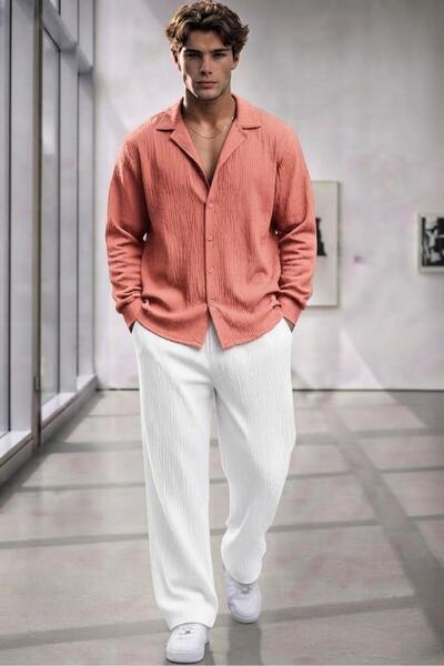 NO 601 Men's Pink Wrinkled Shirt White Trousers Suit