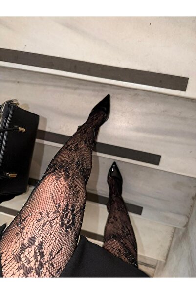 MATHILDA Women's Black Rhinestone Night Floral Rose Patterned Tights