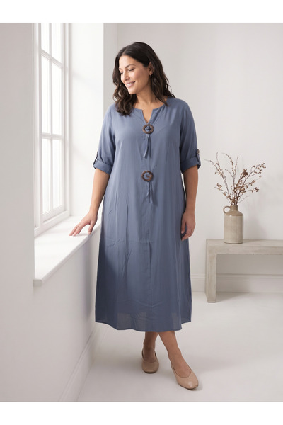 STORi Plus Size Blue Viscose Midi Dress with Ring Buckle Pockets for Summer
