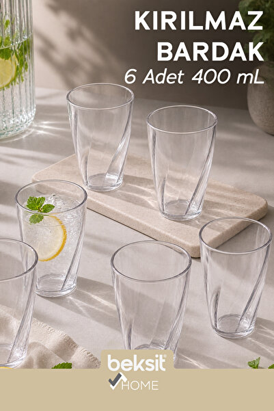 BEKSİT HOME Glassy Kırılmaz Polikarbon 6'lı Bardak Şeffaf (400 ml)