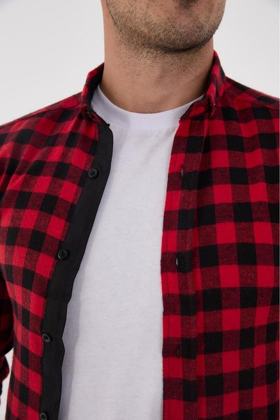 jack carisma Black-Red- Flannel Thin Carved Checked Shirt (It Is Recommended to Order One Size Larger)