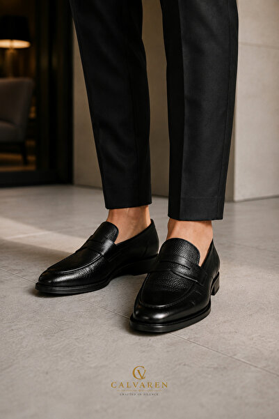 CALVAREN Milano Hakiki Deri Siyah Klasik Loafer