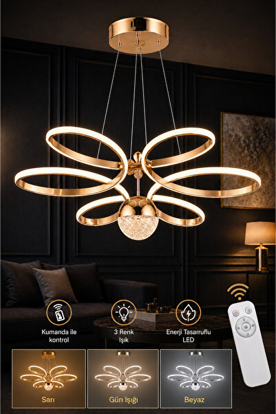 İstanbul Avize İstanbul Avize Papatya Gold 3 Renk Ledli Kumandalı Modern Led ...