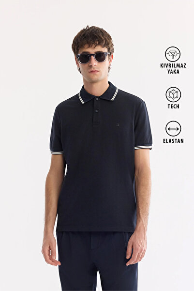 Avva Men's Navy Blue Non-Curling Polo Collar Cotton Pack Technical Fabric Reg...