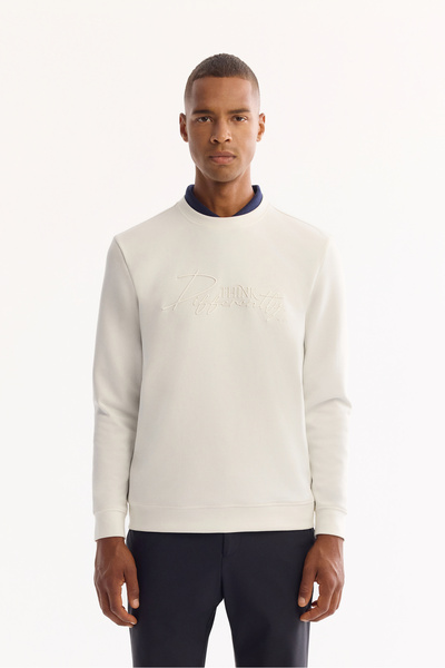Avva Men's Ecru Crew Neck Cotton Bi-Stretch Printed Regular Fit Sweatshirt A5...