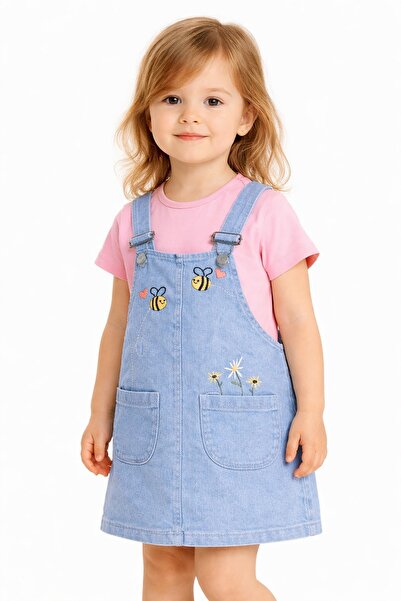 dinamik çocuk Baby Girl Bee Embroidered Denim Look Gilet Dress + Basic Cotton...