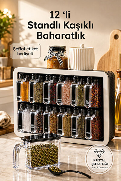 Porsima Simple Standlı 12 Li Kendinden Yapışkanlı Kaşıklı Kapaklı Baharatlık ...