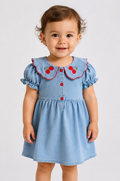 dinamik çocuk Baby Girl Cherry Embroidered Denim Look Dress Scallop Collar Sh...