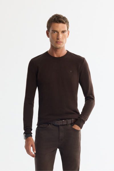 Avva Men's Brown Crew Neck Anti-Pilling Knitwear Regular Fit Sweater E005000