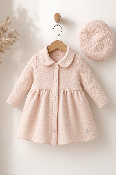 dinamik çocuk Baby Girl Quilted Trench Dress & Paris Hat 2-Piece Set – 6-12-1...
