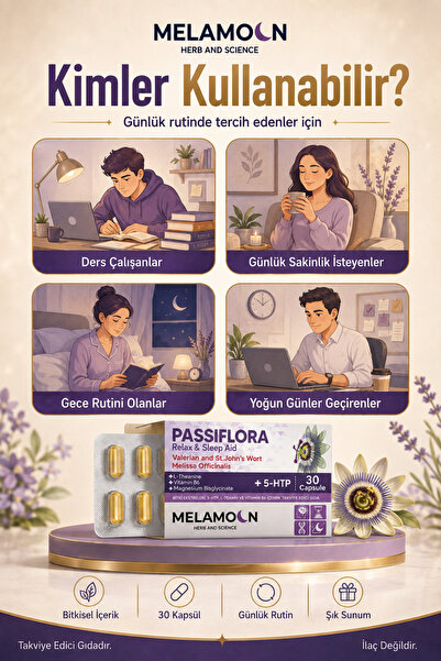 Melamoon Passiflora (pasiflora) 30 Kapsül Magnezyum Ve 5-htp İçeren Takviye Edici Gıda