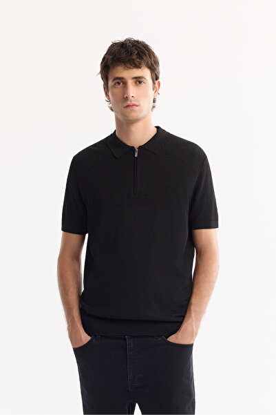 Avva Erkek Siyah Polo Yaka Fermuarlı Rayon Tüylenmeyen Triko Regular Fit T-Sh...