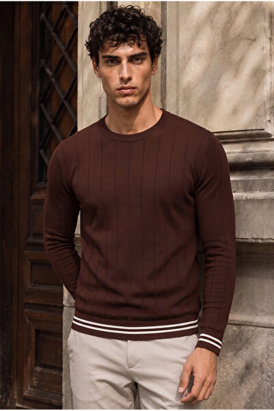 Valiberta Marino Stripe Detailed Lycra Crew Neck Slim Men's Knitwear Sweater ...