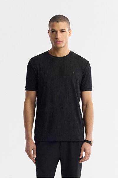 Avva Men's Black Crew Neck Jacquard Elastane Regular Fit T-Shirt A51Y1035