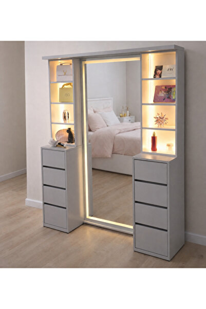 Vanmed Home Vela Gri Tamamen MDF Led Aydınlatmalı Boy Aynalı Makyaj Masası Ku...