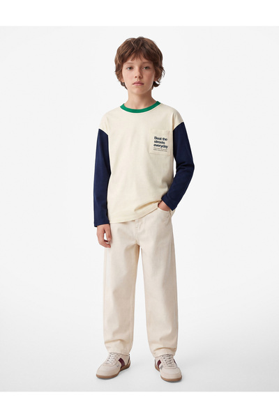 Koton Printed Pocket Detailed Color Block Cotton Crew Neck Long Sleeve T-Shirt