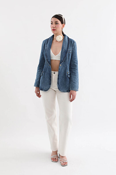 BANNY JEANS سترة جينز نسائية بأكمام طويلة وزر واحد باللون الأزرق
