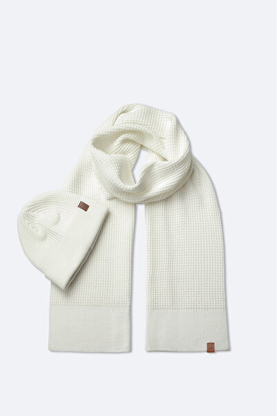 Avva Men's Ecru Jacquard Knitwear Scarf Beret Set A42Y9220