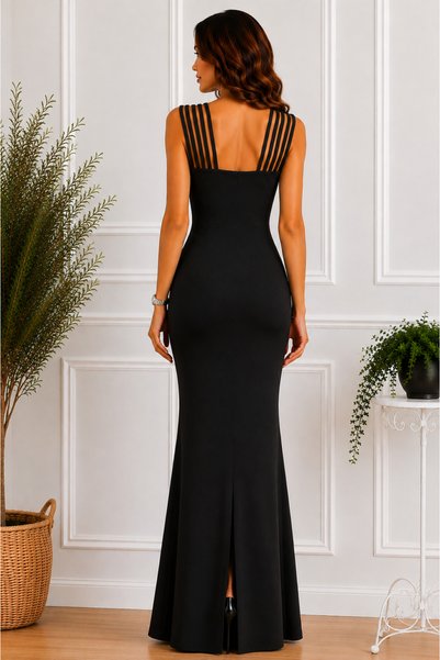 DRESSIFY WOMEN’S FASHION Women's Multi-Strap Front Stone Embroidered Fish Cut Crepe Maxi Dress, for Invitations