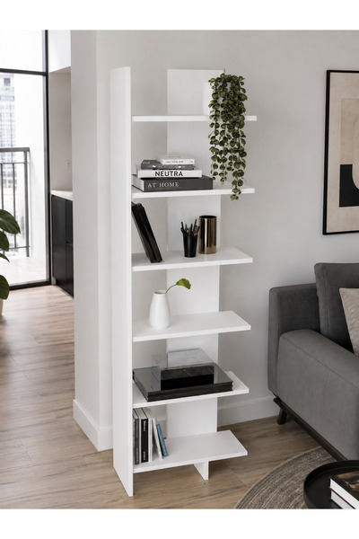 Alfimo Mobilya Milena Kitaplık / 6 Raflı Dekoratif Kitaplık / Ev Ofis / Beyaz