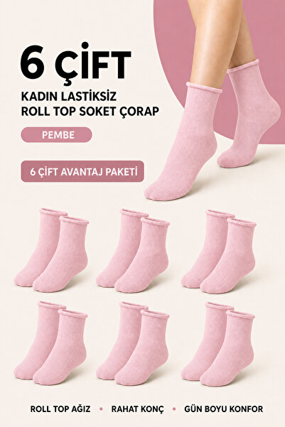 Bravie Kadın 6'lı Lastiksiz Roll Top Rahat Soket Çorap Paket 578 Pembe