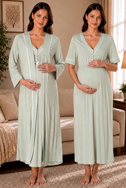 ByLohusa Cotton Long Robe Maternity Nightgown Set Effortt - Green