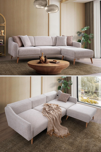MAQ HOME Yataklı Köşe Koltuk Takımı Puflu L Koltuk 230 Cm Krem Dokuma Kumaş G...