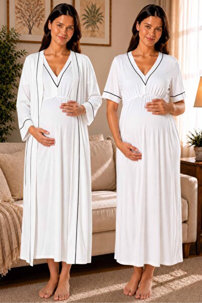 ByLohusa Cotton Long Dressing Gown Maternity Nightgown Set Effortt - Ecru
