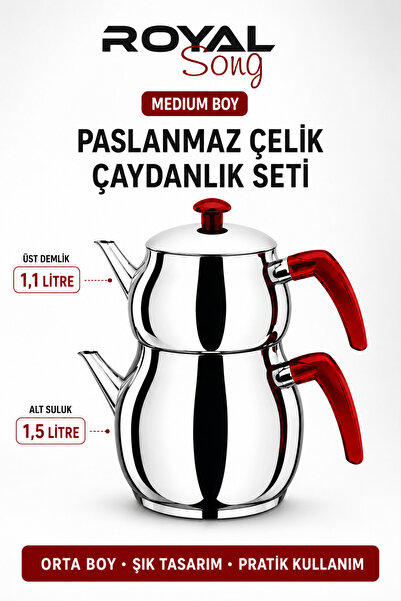 Trendhane Paslanmaz Çelik Çaydanlık Takımı Medium Boy Orta Boy 1,1 L Demlik 1...