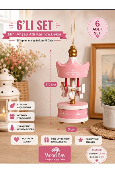 WoodBay 6’lı Mini Ahşap Atlı Karınca Dekor Seti Renkli Yılbaşı Süsü Hediyelik...